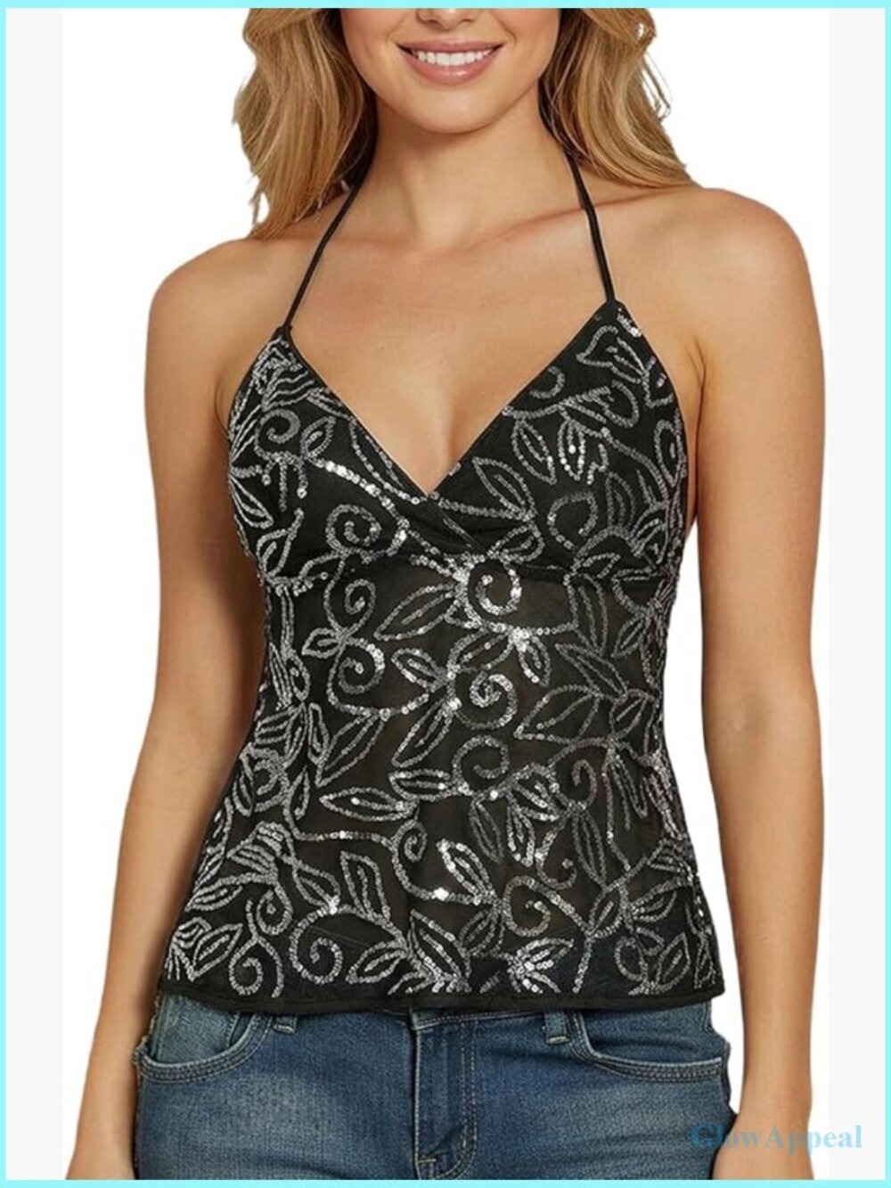Glitter Sequin Mesh Sheer Halter Crop Top Y2K Backless Summer Top